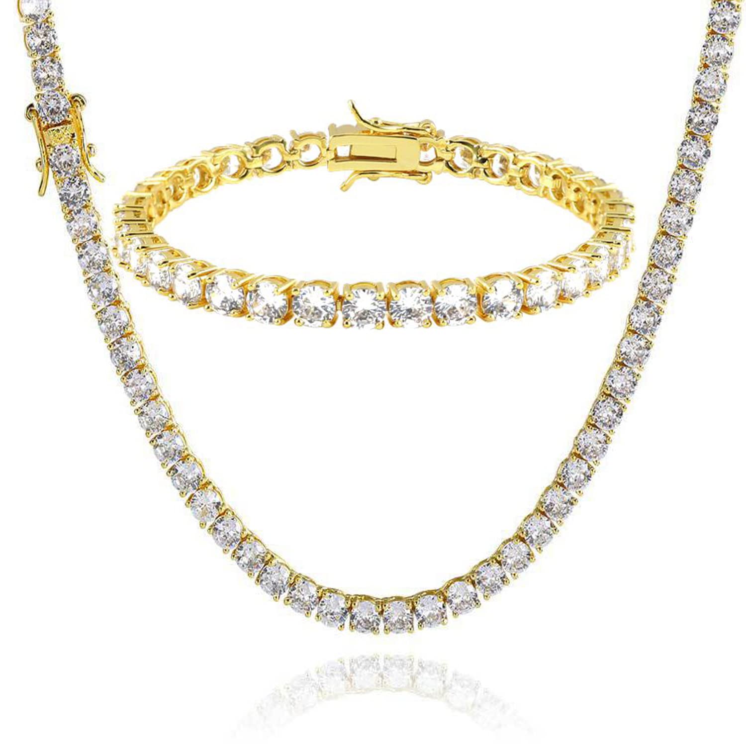 putouzip Tennis Chain Necklace Bracelet For Men 18K Gold Plated 3/4/5MM Round Cut Faux Diamond Link Chains Jewelry Set (5mm Gold Tennis Set, 18inch)