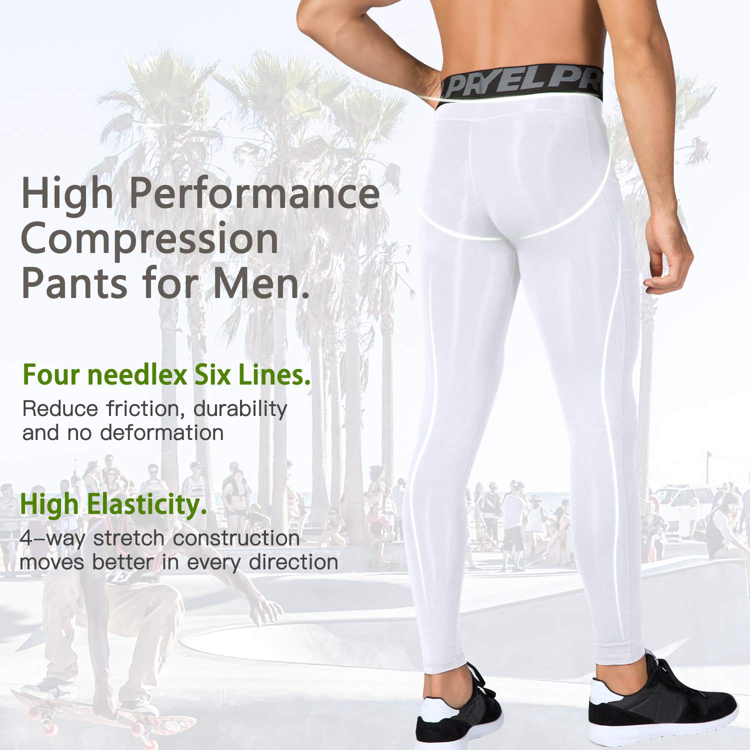 WRAGCFM Men's Compression Pants Workout Athletic Gym Leggings with Pockets Sports Yoga Running Baselayer Tights(White,XL)