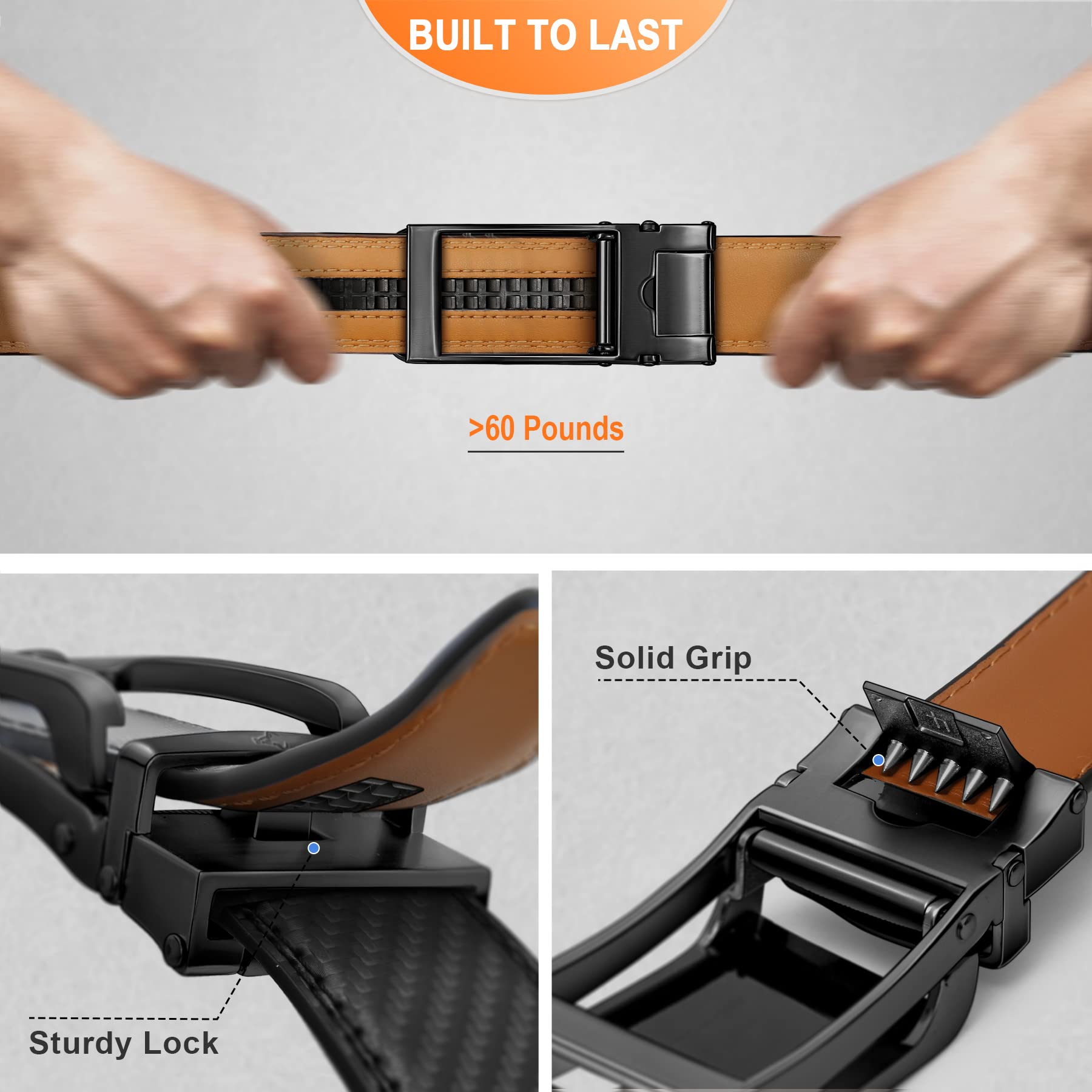 BULLIANT Men Belt, Ratchet Click Sliding Leather Belt for Gift Men 1 3/8,Cut for Fit(Black,32"-38" Waist Adjustable)