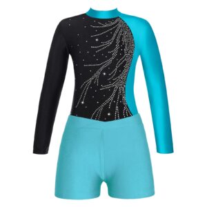 Linjinx Kids Girls Rhinestone Long Sleeve Ballet Dance Gymnastics Leotard Set 2Pcs Unitard Bodysuit with Athletic Short Blue Green A 10 Years