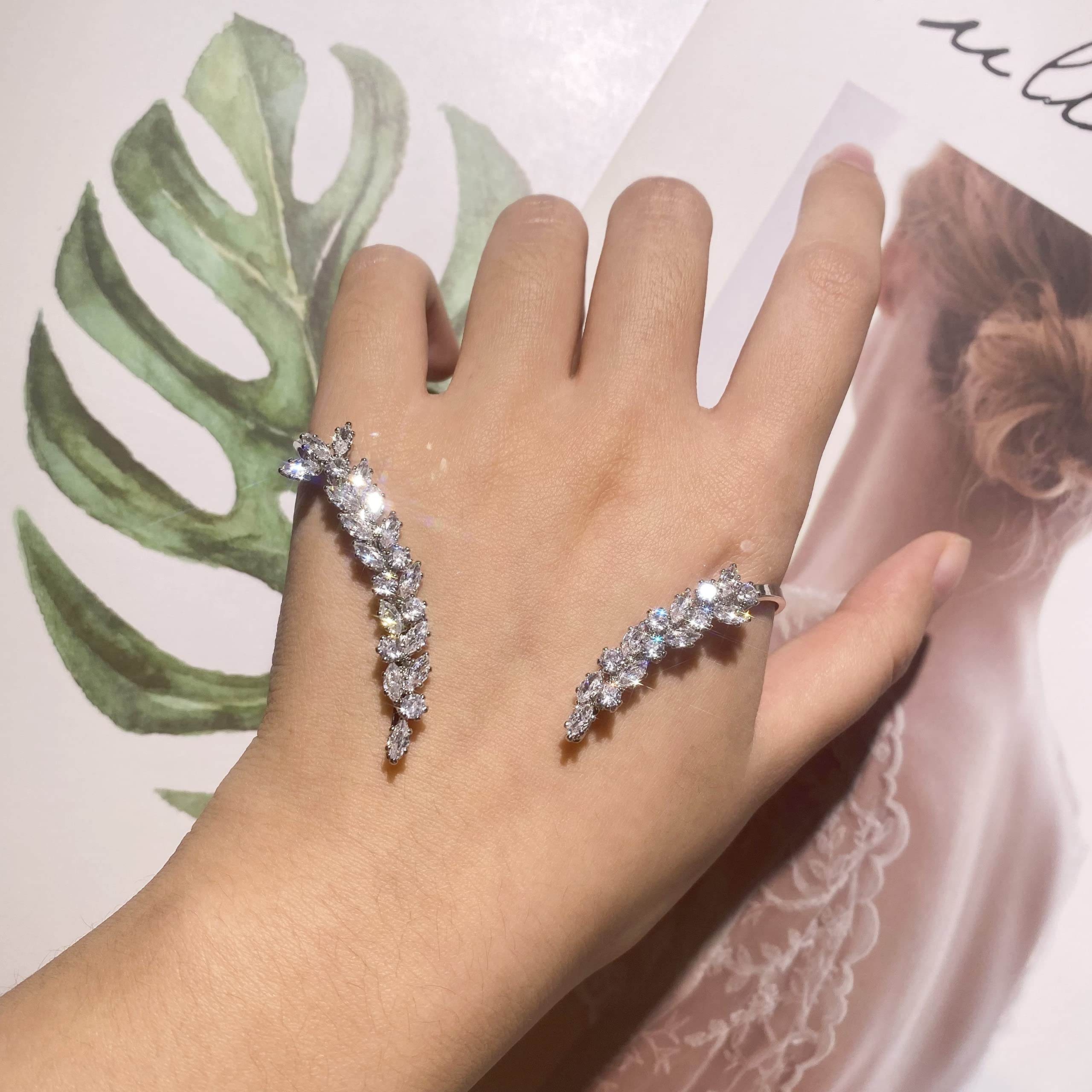 Mytys Silver Adjustable Palm Rings for Women-Cubic Zirconia Open Hand Palm Bracelet Ring-Full CZ Multiple Finger Ring (Hope Leaf Silver)