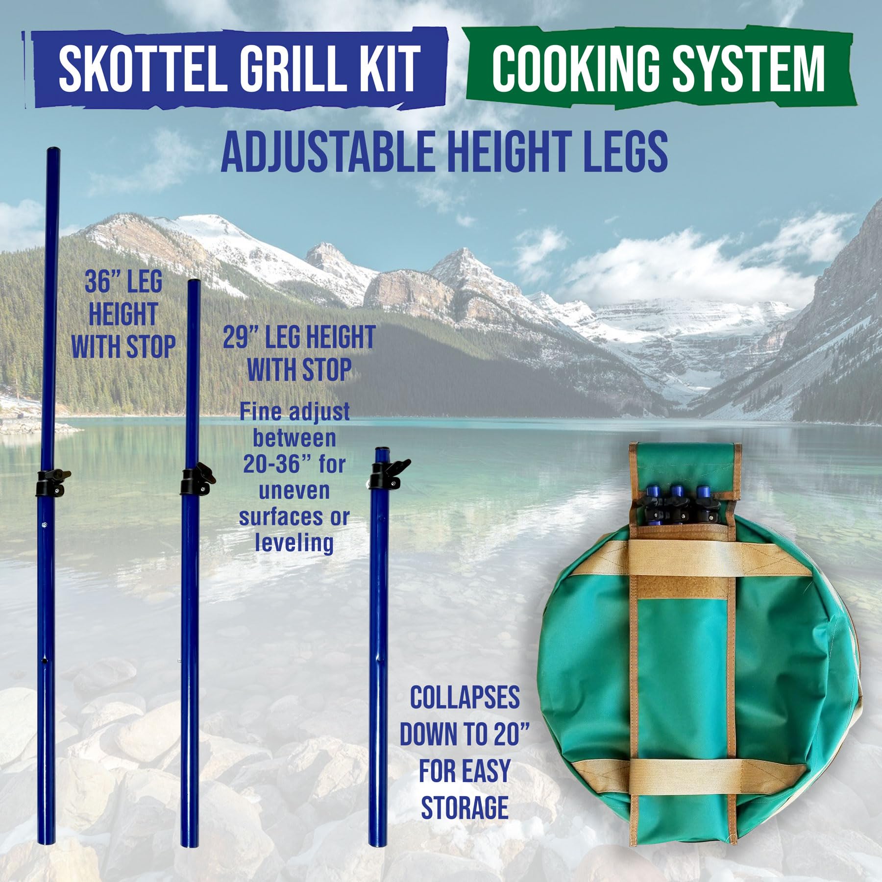 TEMBOTUSK The Original Skottle grill cooking system kit based on the South African braai pan or cowboy wok skillet style cooker, all packs in one carry bag.