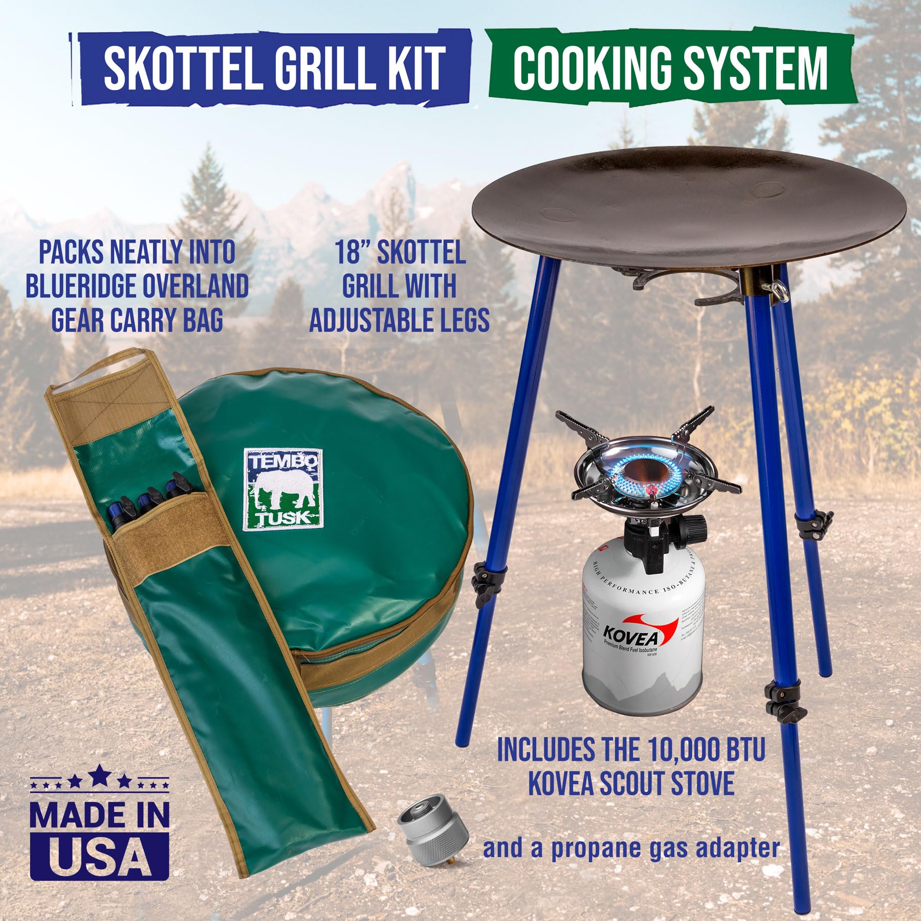 TEMBOTUSK The Original Skottle grill cooking system kit based on the South African braai pan or cowboy wok skillet style cooker, all packs in one carry bag.