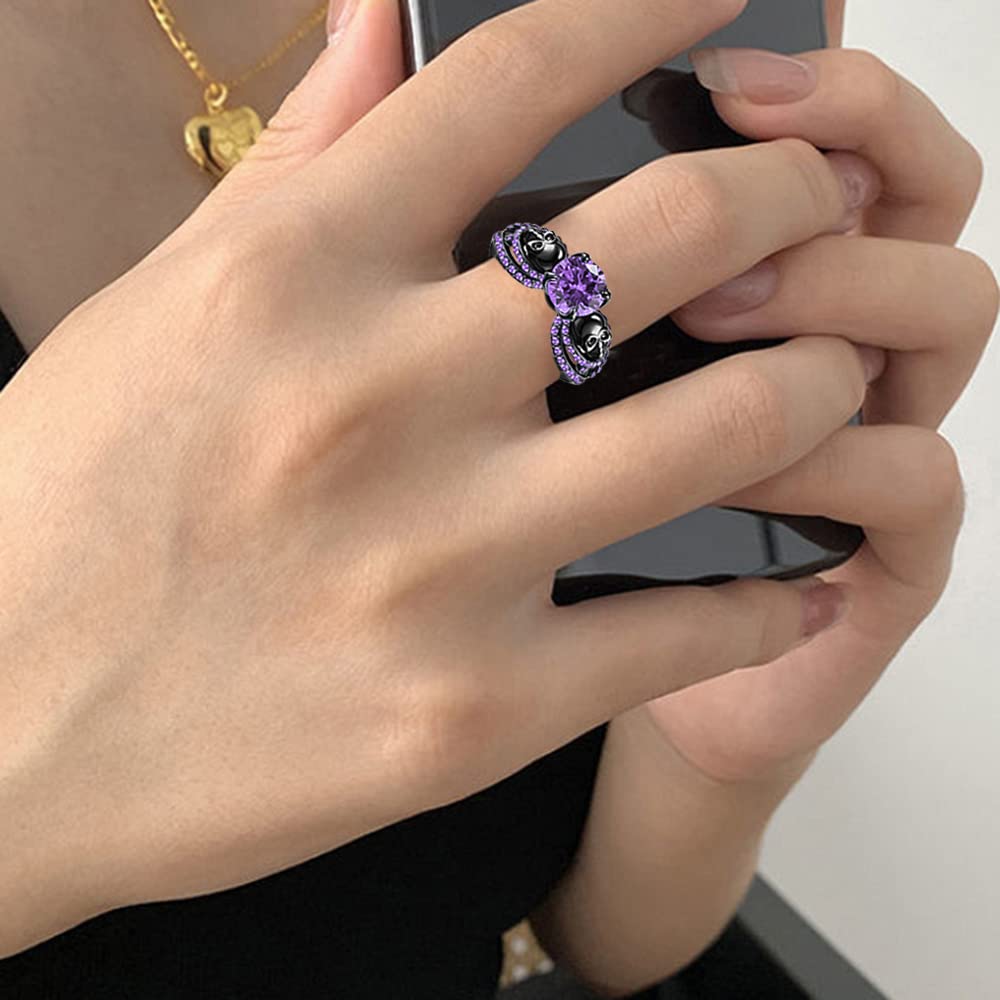 FLIUAOL Vintage Gothic Skull Rings Heart Cubic Zirconia Crystal Biker Cocktail Party Rings for Women Halloween Christmas Gifts (Round-Purple, 6)