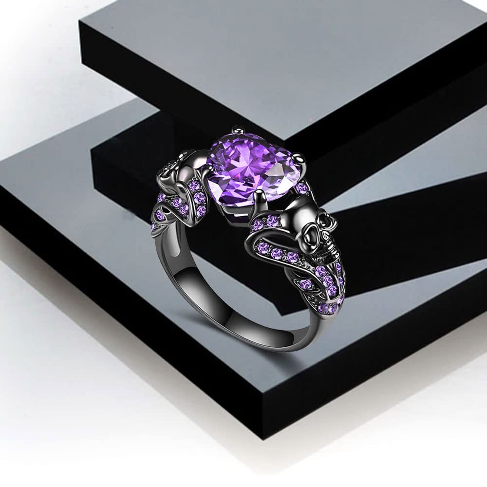 FLIUAOL Vintage Gothic Skull Rings Heart Cubic Zirconia Crystal Biker Cocktail Party Rings for Women Halloween Christmas Gifts (Purple, 9)