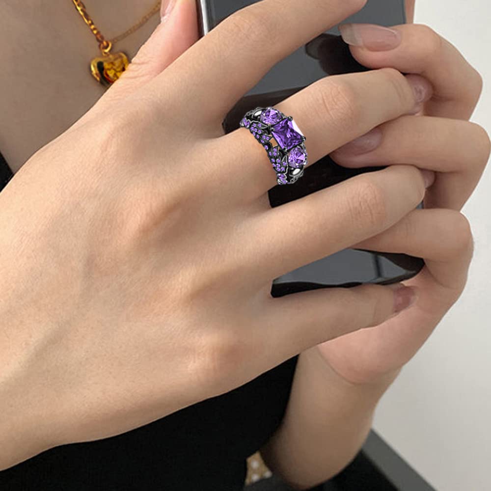 FLIUAOL Vintage Gothic Skull Rings Heart Cubic Zirconia Crystal Biker Cocktail Party Rings for Women Halloween Christmas Gifts (Square-Purple, 6)