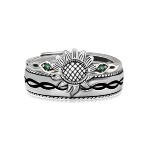 Carol&Allen 925 Sterling Silver Couple Rings Sunflower and Sun Adjustable Loose Band Rings