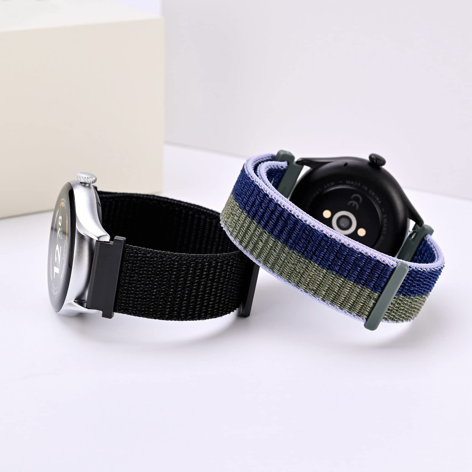 ANNEFIT Nylon Sport Loop Watch Bands 18mm, 2 Packs Quick Release Adjustable Strap for Men Women (Black and Blue Green)