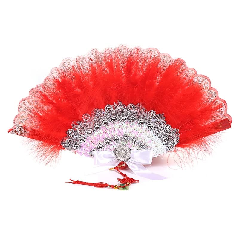 Msbfea Feather Fan Handmade Japanese Sweet Fairy Lace Gothic Court Dance Wedding Hand Feather Fan Cosplay Props Pendant Gift Color 675