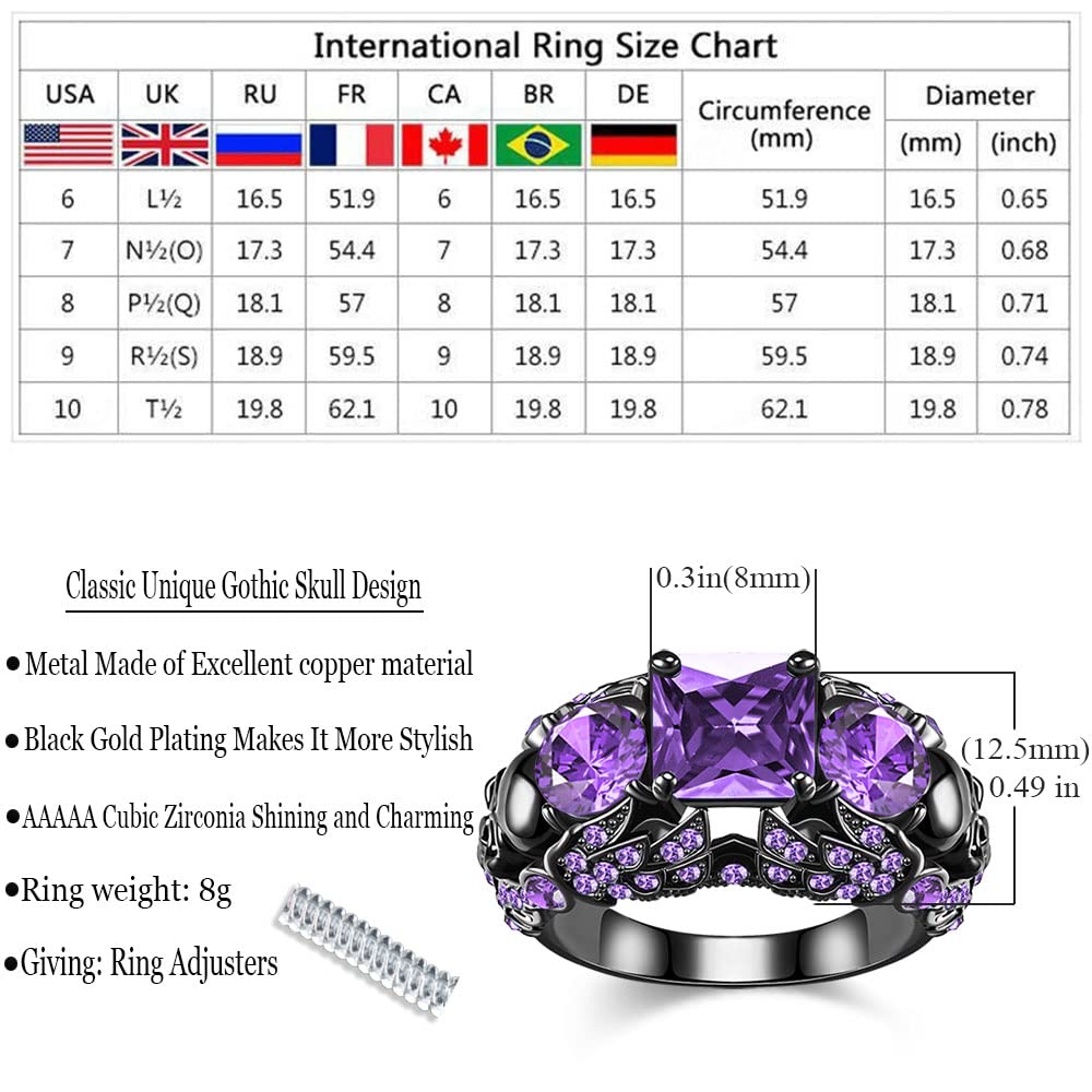 FLIUAOL Vintage Gothic Skull Rings Heart Cubic Zirconia Crystal Biker Cocktail Party Rings for Women Halloween Christmas Gifts (Square-Purple, 6)