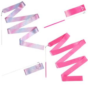 2pcs dance ribbons, 2m kids long gymnastics ribbon twirling ribbons dancing ribbon streamers for artistic dance training party, with ribbon dancer wand (pink + sparkling)