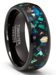 metal masters crushed opal & abalone tungsten carbide ring dome wedding band simulated black 8mm