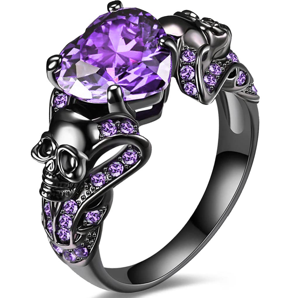 FLIUAOL Vintage Gothic Skull Rings Heart Cubic Zirconia Crystal Biker Cocktail Party Rings for Women Halloween Christmas Gifts (Purple, 9)