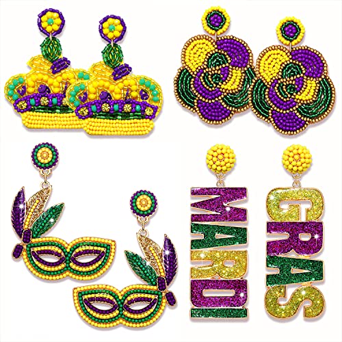 4Pairs Mardi Gras Earrings, Beaded Crown Mask Fleur De Lis Earrings for Women Layered Tassel Dangle Earrings, Mardi Gras Accessory, Fat Tuesday Carnival Earrings Parades Jewelry Gifts (Style D)