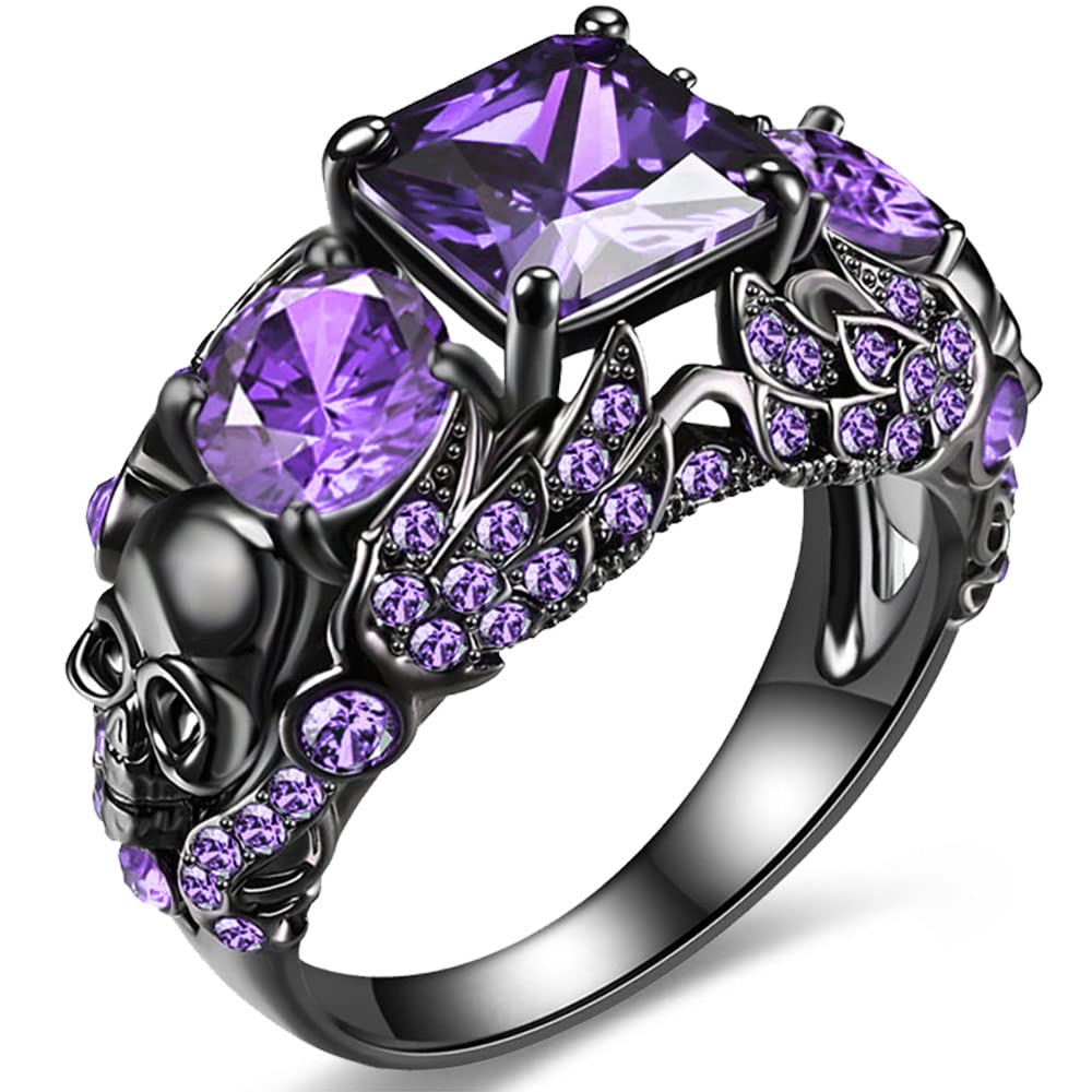 FLIUAOL Vintage Gothic Skull Rings Heart Cubic Zirconia Crystal Biker Cocktail Party Rings for Women Halloween Christmas Gifts (Square-Purple, 6)