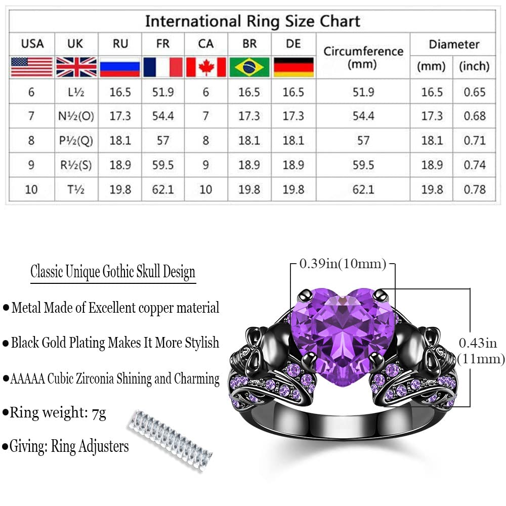 FLIUAOL Vintage Gothic Skull Rings Heart Cubic Zirconia Crystal Biker Cocktail Party Rings for Women Halloween Christmas Gifts (Purple, 9)