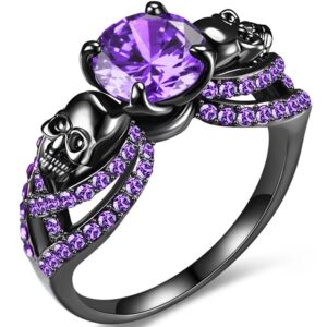 fliuaol vintage gothic skull rings heart cubic zirconia crystal biker cocktail party rings for women halloween christmas gifts (round-purple, 6)