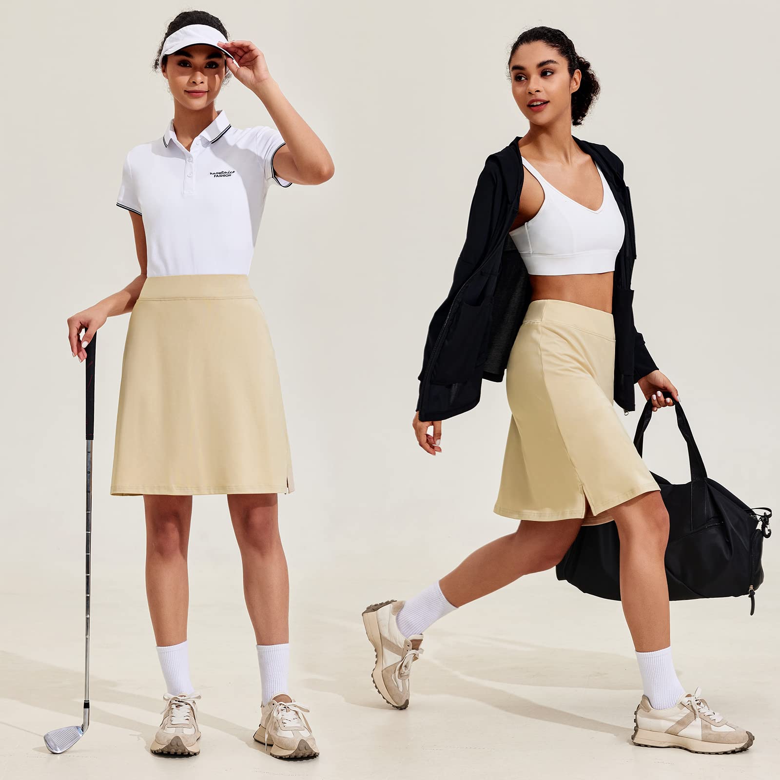 COOrun Skorts Skirts for Women with Pockets 20" Knee LengthLong Golf Tennis Skirts Modest Skirts,Light Khaki Large