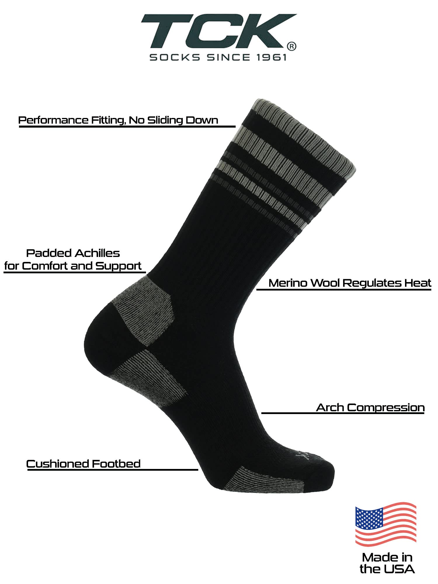 TCK Merino Wool Striped Crew Socks (Black/Grey, Medium)