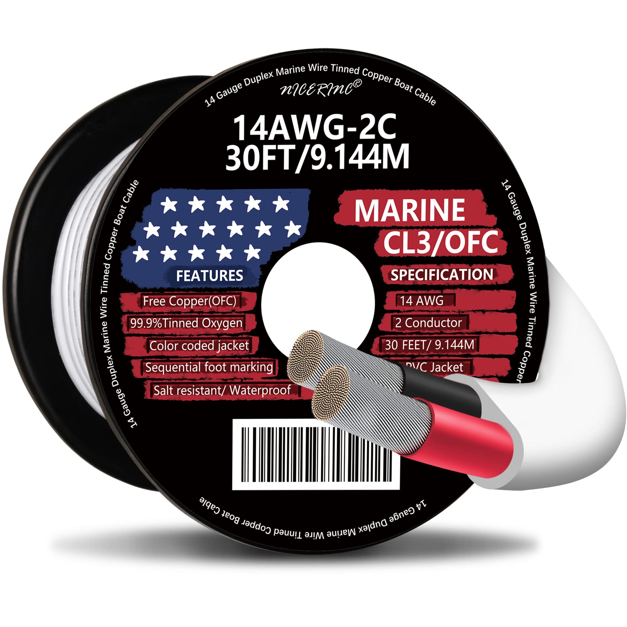 14 Gauge Duplex Marine Wire Tinned Copper Boat Cable, 30ft 14 AWG Standard USA OFC Oxygen Free Copper Wire for Outdoors/Automotive/Boat/Speakers/Solar/RV/Camper/Trailer