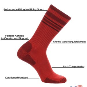 TCK Merino Wool Striped Crew Socks (Red/Cardinal, Large)