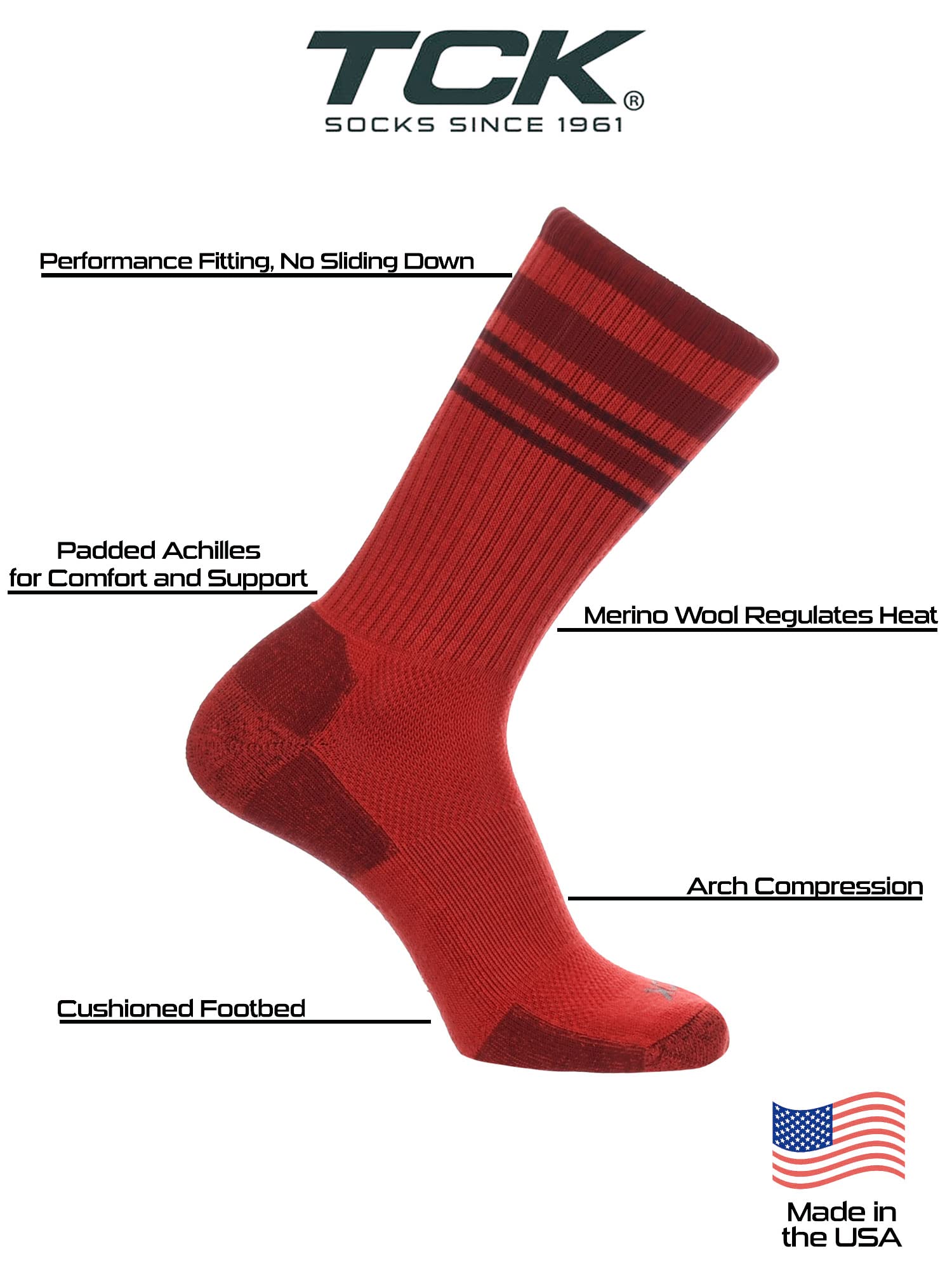 TCK Merino Wool Striped Crew Socks (Red/Cardinal, Large)