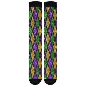 Wusikd Mardi Gras Shiny Compression Socks for Women and Men Circulation Green Purple Plaid Long Socks for Athletic Running 1