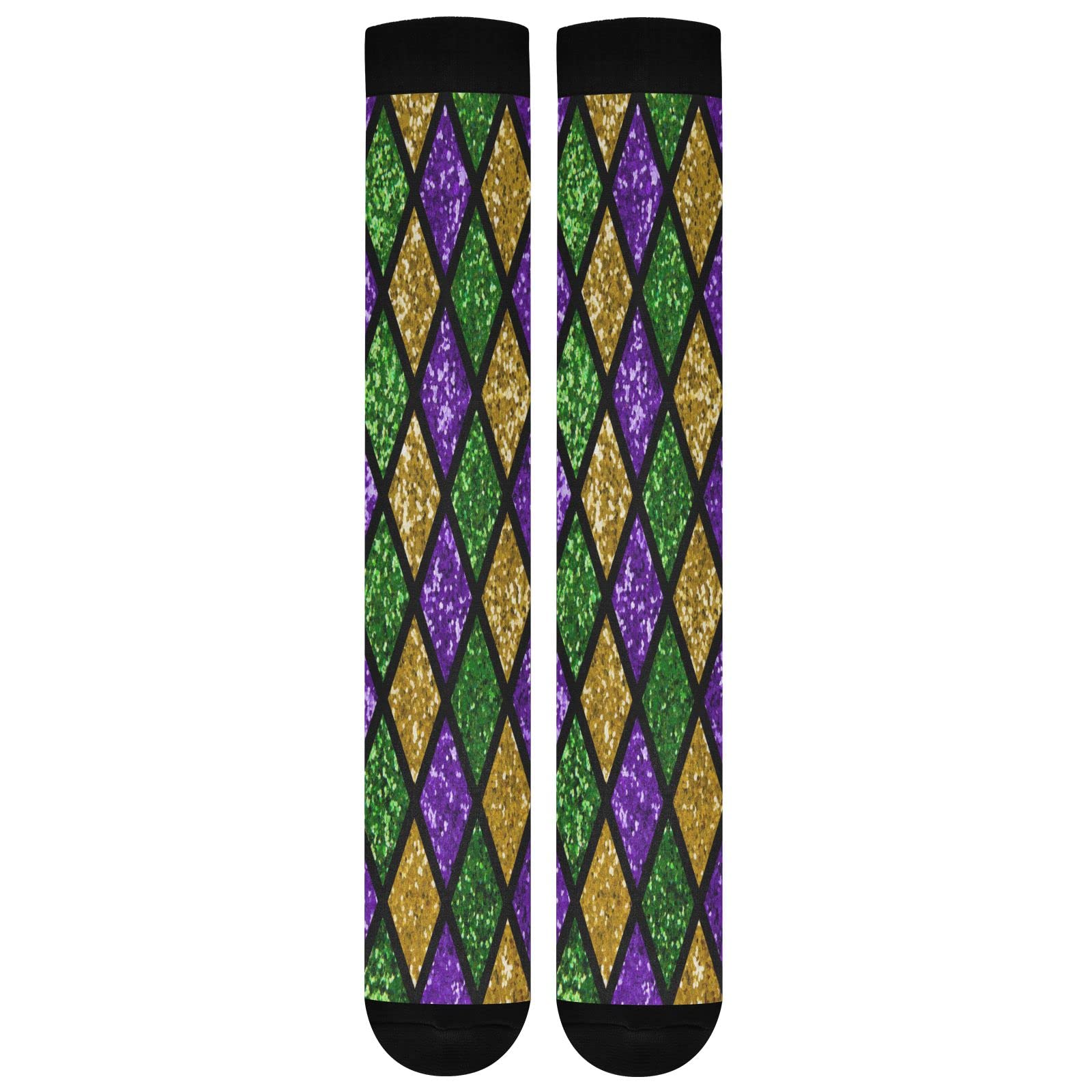 Wusikd Mardi Gras Shiny Compression Socks for Women and Men Circulation Green Purple Plaid Long Socks for Athletic Running 1