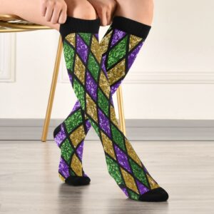 Wusikd Mardi Gras Shiny Compression Socks for Women and Men Circulation Green Purple Plaid Long Socks for Athletic Running 1