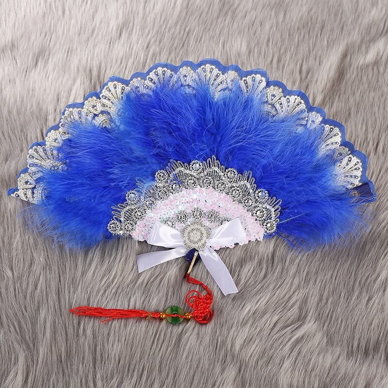 Msbfea Feather Fan Handmade Japanese Sweet Fairy Lace Gothic Court Dance Wedding Hand Feather Fan Cosplay Props Pendant Gift Color 675