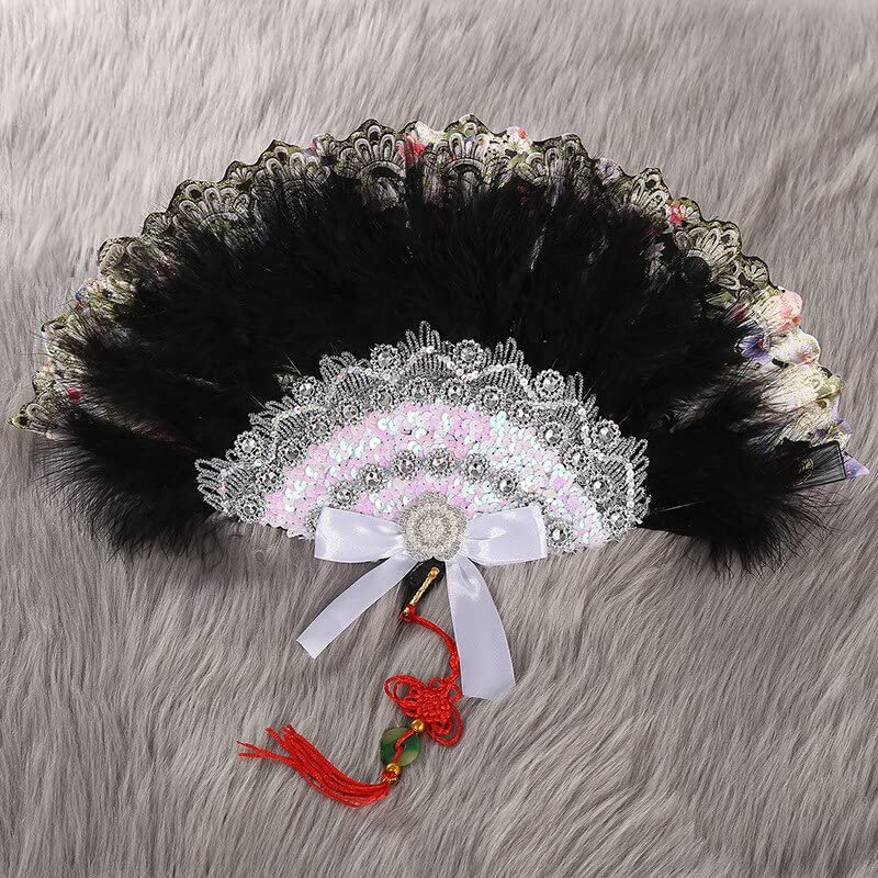 Msbfea Feather Fan Handmade Japanese Sweet Fairy Lace Gothic Court Dance Wedding Hand Feather Fan Cosplay Props Pendant Gift Color 675