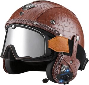 ymkjgzs bluetooth vintage style leather helmet, 3/4 open face retro motorcycle half helmet with goggles, dot/ece certified men women summer scooter light moped street bike helmet (6,2xl)