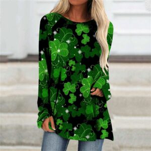 ZEFOTIM St Patricks Day Shirt Women Long Sleeve Lucky Funny Tshirts Plus Size Sexy Irish Shamrock Graphic Tees Spring Fashion Casual Tops 2024 Blouse Pullover Summer Dark Green XXL