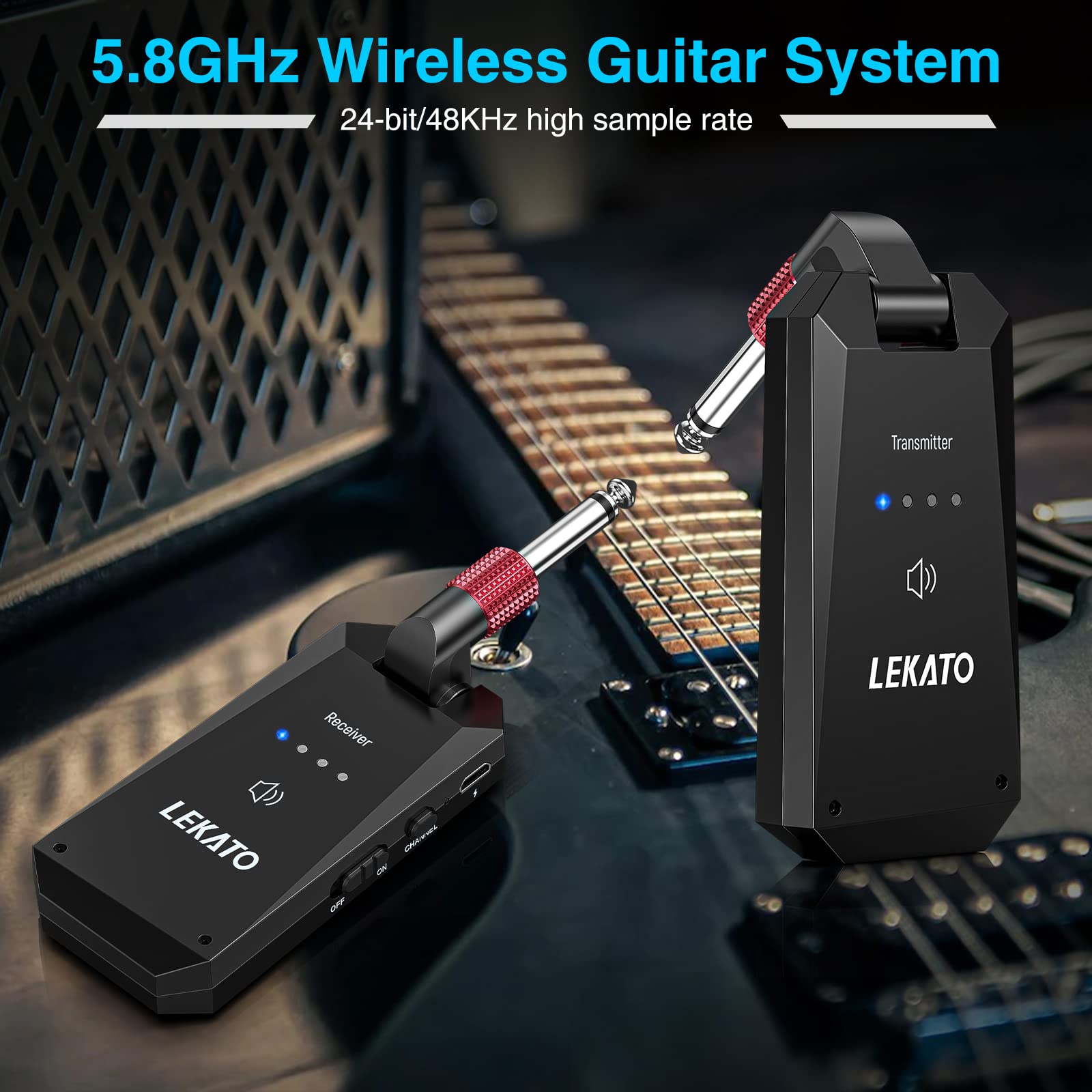 LEKATO WS-90 Wireless Guitar System 5.8GHz, Rechargeable Wireless Guitar Transmitter Receiver Upgrated 8H Battery Life, 4 Channels Guitar Wireless System for Electric Guitar Bass