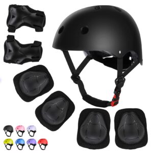 WayEee Kids Bike Helmet Set Skateboard Knee Pads, Helmet Pad Set Protective Gear Set, Adjustable for Girls Kids 3-10 Helmet Elbow Pads Wrist Guards for Sport Cycling Bike Roller Skating Scooter-Black