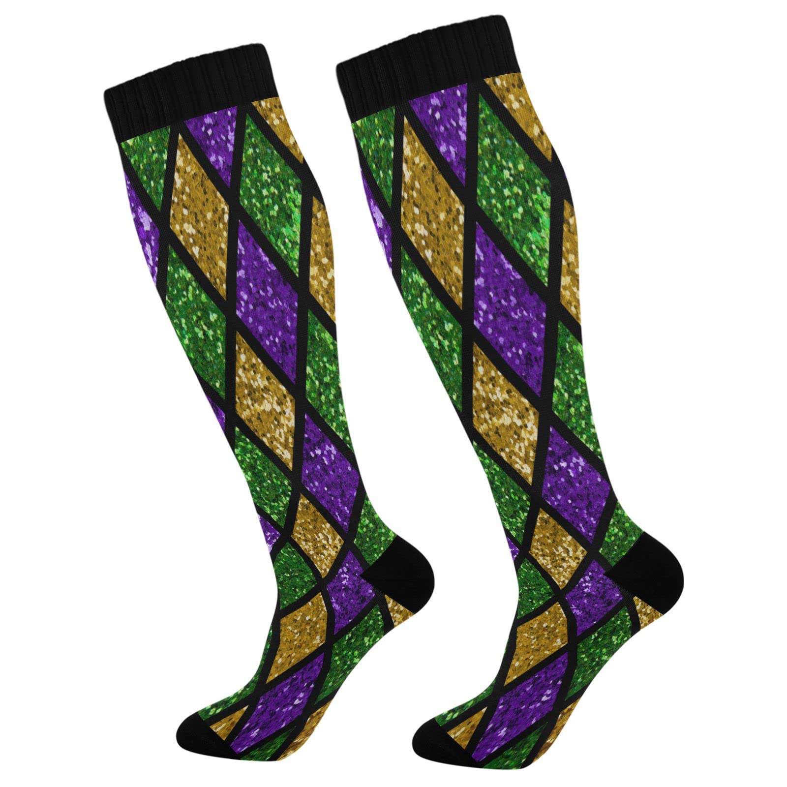 Wusikd Mardi Gras Shiny Compression Socks for Women and Men Circulation Green Purple Plaid Long Socks for Athletic Running 1