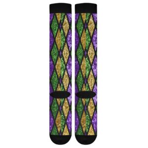 Wusikd Mardi Gras Shiny Compression Socks for Women and Men Circulation Green Purple Plaid Long Socks for Athletic Running 1