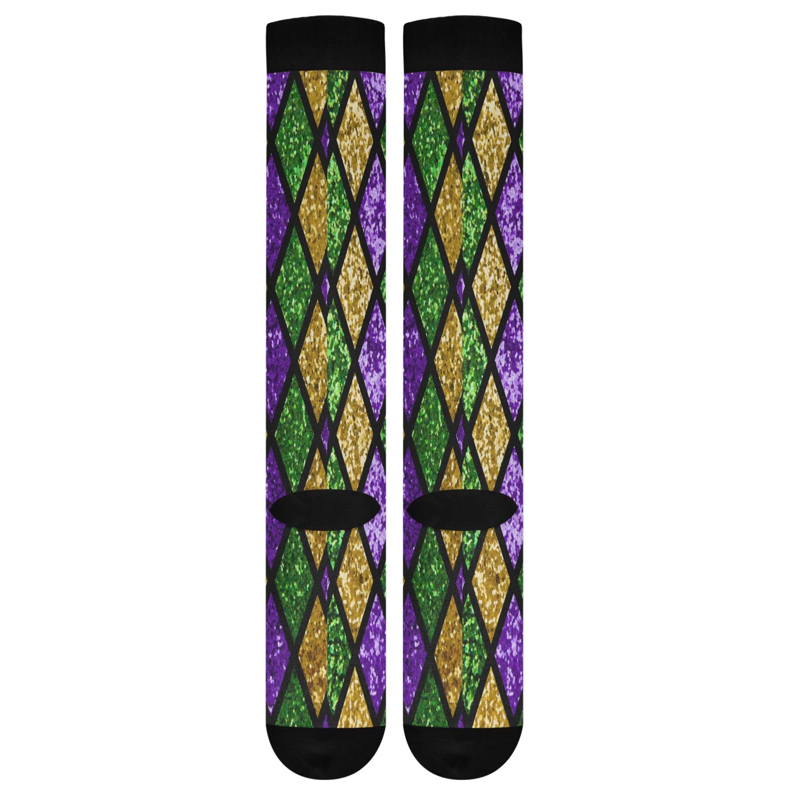 Wusikd Mardi Gras Shiny Compression Socks for Women and Men Circulation Green Purple Plaid Long Socks for Athletic Running 1