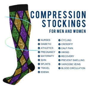 Wusikd Mardi Gras Shiny Compression Socks for Women and Men Circulation Green Purple Plaid Long Socks for Athletic Running 1