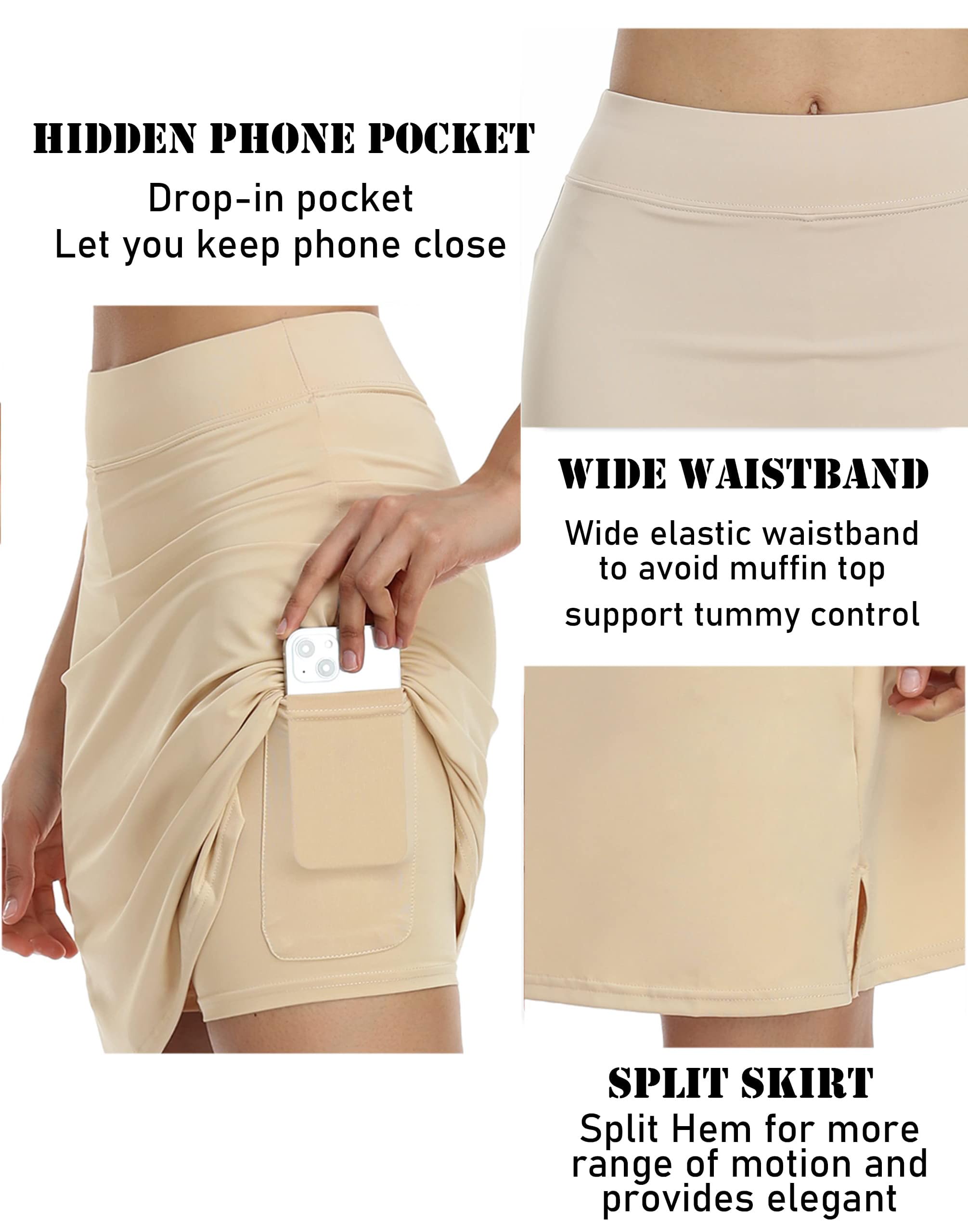 COOrun Skorts Skirts for Women with Pockets 20" Knee LengthLong Golf Tennis Skirts Modest Skirts,Light Khaki Large