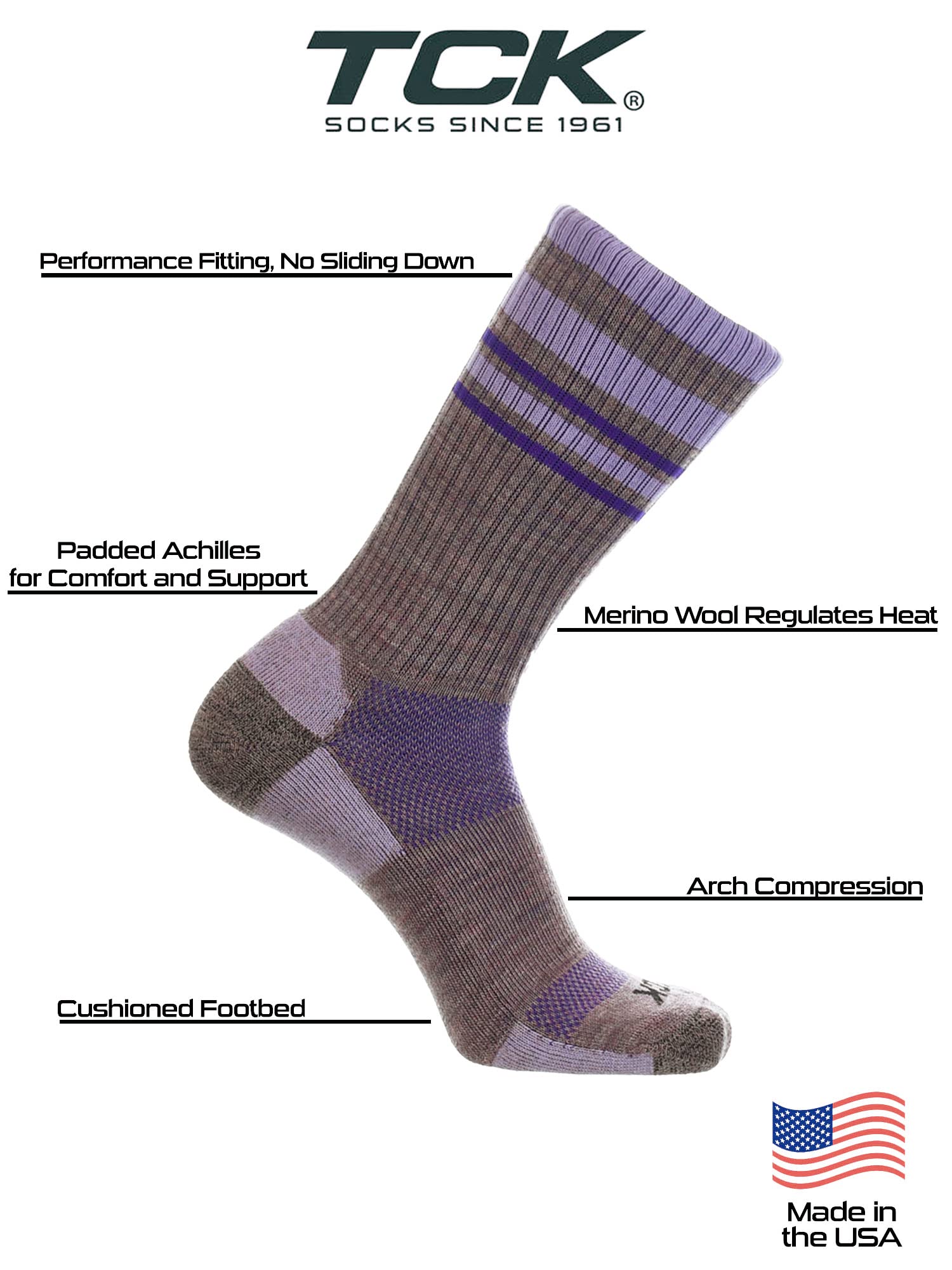 TCK Merino Wool Striped Crew Socks (Plum/Lavender, Medium)