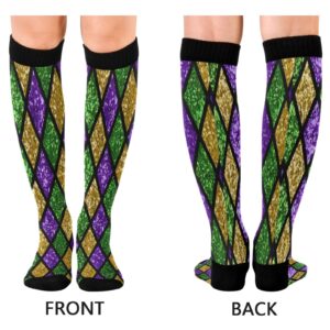 Wusikd Mardi Gras Shiny Compression Socks for Women and Men Circulation Green Purple Plaid Long Socks for Athletic Running 1