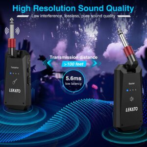 LEKATO WS-90 Wireless Guitar System 5.8GHz, Rechargeable Wireless Guitar Transmitter Receiver Upgrated 8H Battery Life, 4 Channels Guitar Wireless System for Electric Guitar Bass