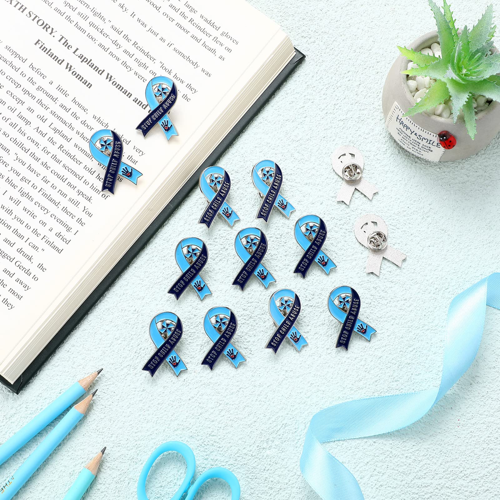 Giegxin 100 Pcs Child Abuse Prevention Awareness Pin Child Abuse Awareness Brooch Products Blue Ribbon Pinwheel Lapel Pins for Child