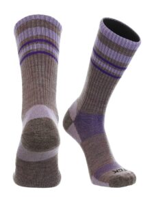 tck merino wool striped crew socks (plum/lavender, large)