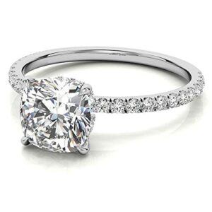 FACETS JEWELS 2.2 TCW Full White Cushion Cut Moissanite Diamond Engagement And Wedding Rings For Women, Hidden Halo Ring For Her In Solid 18K White Gold Size 4.5