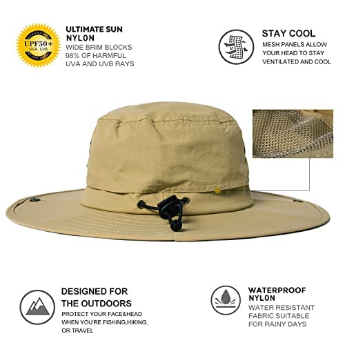 Comhats UPF 50 Sun Hats Wide Brim Summer Safari Hat Fishing Hiking Boonie Hats for Men Chin Strap Waterproof Khaki Large X-Large XL XXL Oversize