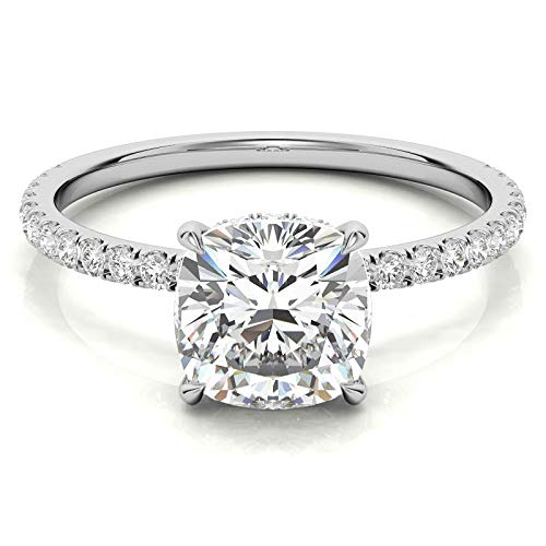 FACETS JEWELS 2.2 TCW Full White Cushion Cut Moissanite Diamond Engagement And Wedding Rings For Women, Hidden Halo Ring For Her In Solid 18K White Gold Size 4.5