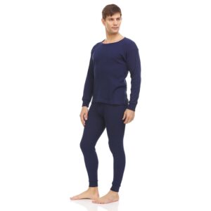 BILLIONHATS 2 Piece Thermal Sets for Men, Base Layer Long Johns Underwear, Top & Bottom, Cotton, Solid Colors Navy Blue