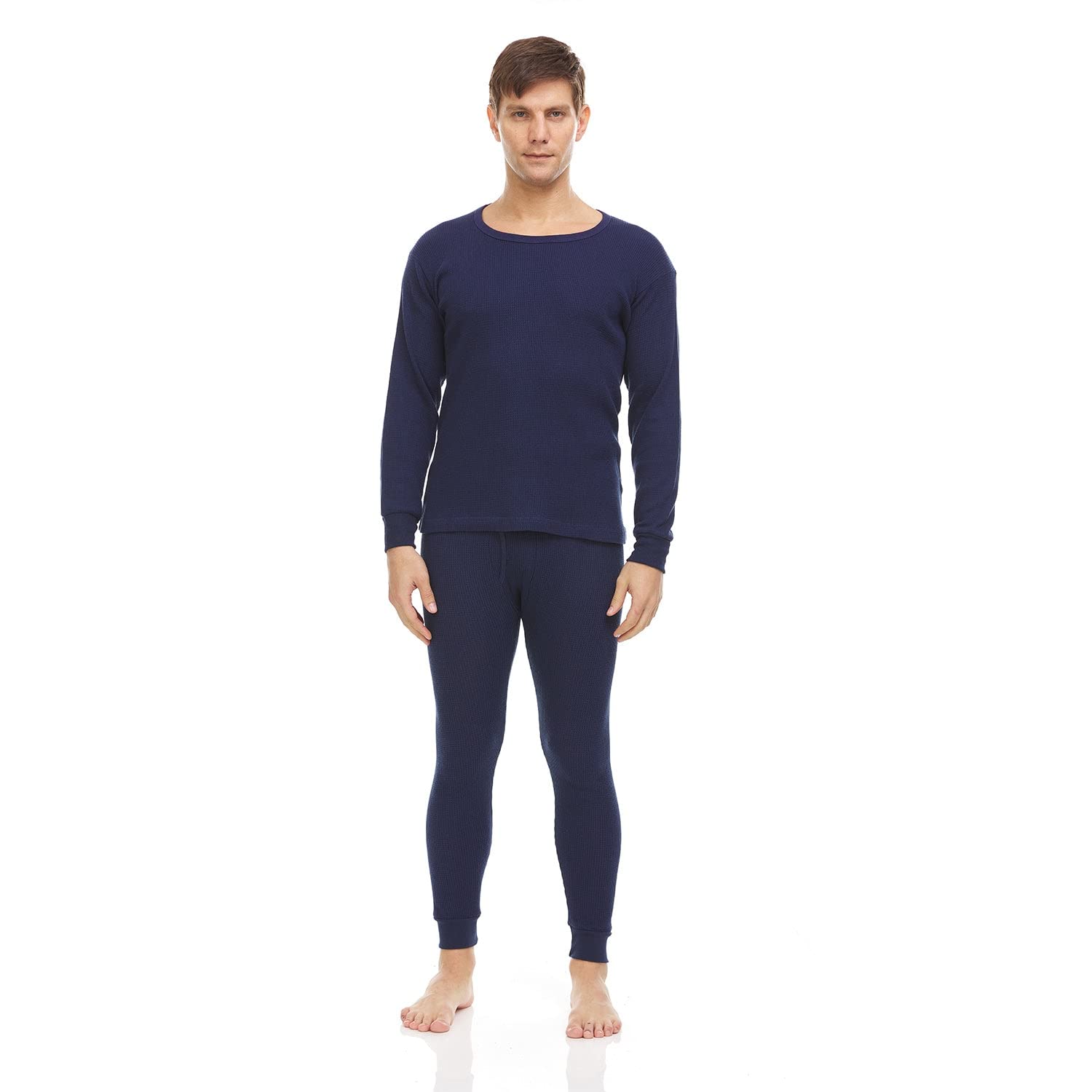 BILLIONHATS 2 Piece Thermal Sets for Men, Base Layer Long Johns Underwear, Top & Bottom, Cotton, Solid Colors Navy Blue